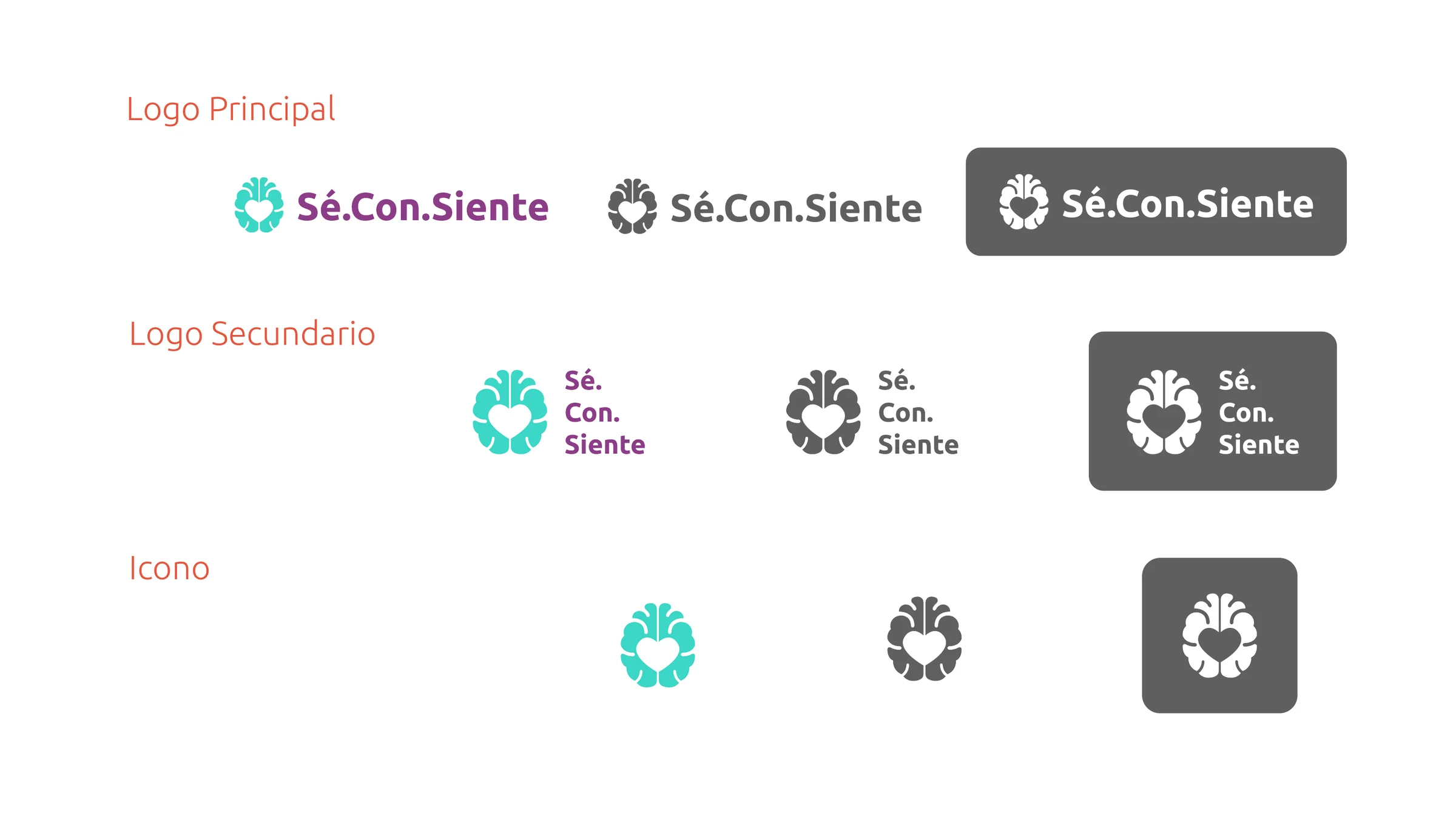 Sé.Con.Siente primary logo, secondary logo, and brain-heart icon.