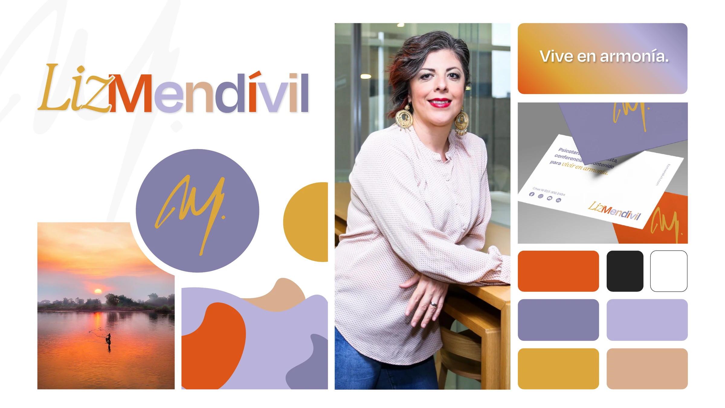 Liz Mendívil portrait, logo, color palette and brand applications presented as one identity system.